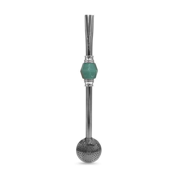 Bomba de Chimarrão Inox 23 cm Com Pedra Sextavada Acrílica Verde Com Anel Prateado e Bojo Fixo – REF 15174