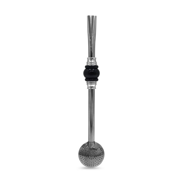 Bomba de Chimarrão Inox 23 cm Com Pedra Acrílica 3 Anéis Juntos Preta e Bojo Fixo – REF 15174