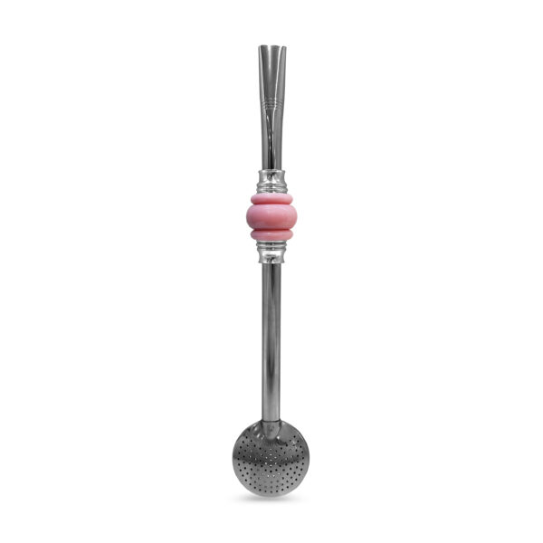 Bomba de Chimarrão Inox 23 cm Com 3 Anéis Juntos Acrílica Rosa Com Anel Prateado e Bojo Fixo – REF 15174