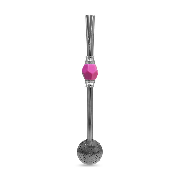 Bomba de Chimarrão Inox 23 cm Com Pedra Sextavada Acrílica Rosa Com Anel Prateado e Bojo Fixo – REF 15174