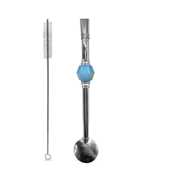 Bomba de Chimarrão Inox 23 cm Com Pedra Sextavada Ágata Azul e Bojo Com Rosca – REF 12228