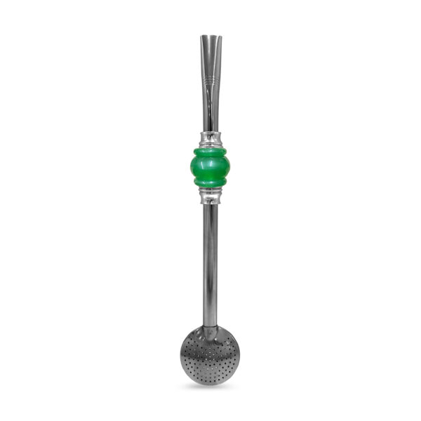 Bomba de Chimarrão Inox 23 cm Com Pedra Acrílica 3 Anéis Juntos Verde e Bojo Fixo – REF 15174