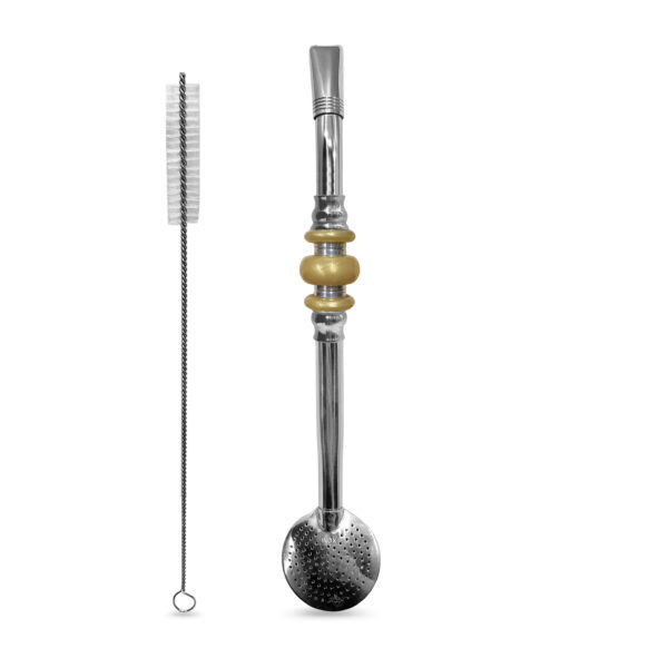 Bomba de Chimarrão Inox 23 cm Com Pedra Acrílica 3 Anéis Separados Dourada e Bojo Com Rosca – REF 7923