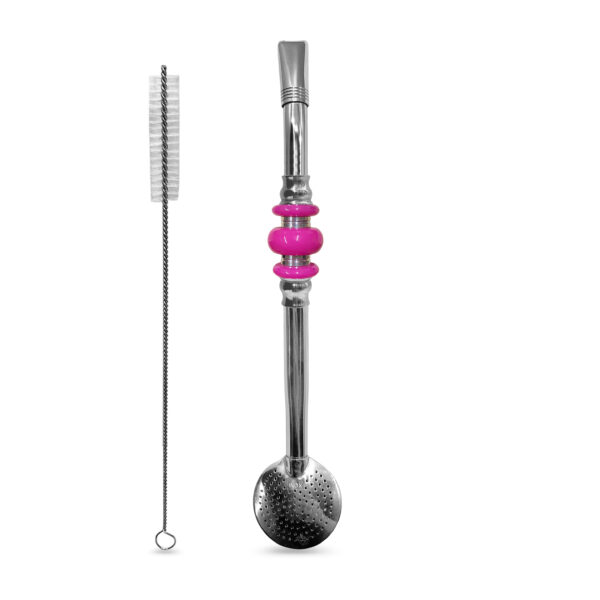 Bomba de Chimarrão Inox 23 cm Com Pedra Acrílica 3 Anéis Separados Rosa e Bojo Com Rosca – REF 7923