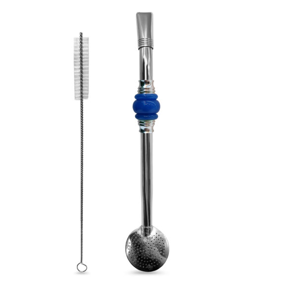 Bomba de Chimarrão Inox 23 cm Com Pedra Acrílica 3 Anéis Juntos Azul e Bojo Com Rosca – REF 7923