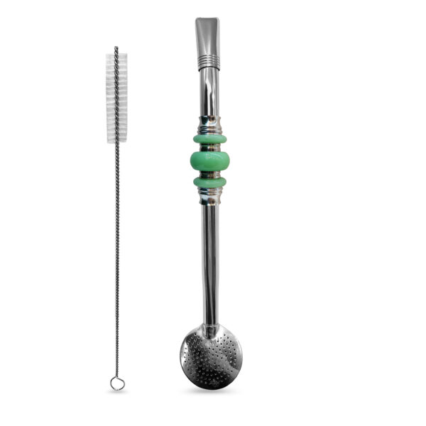 Bomba de Chimarrão Inox 23 cm Com Pedra Acrílica 3 Anéis Separados Verde e Bojo Com Rosca – REF 7923