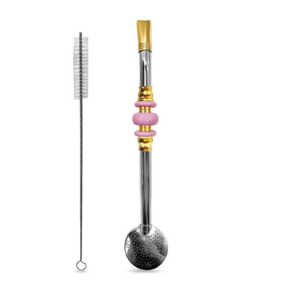 Bomba de Chimarrão Inox 23 cm Banhada em Ouro Com Pedra Acrílica 3 Anéis Separados Rosa e Bojo Com Rosca – REF 12256