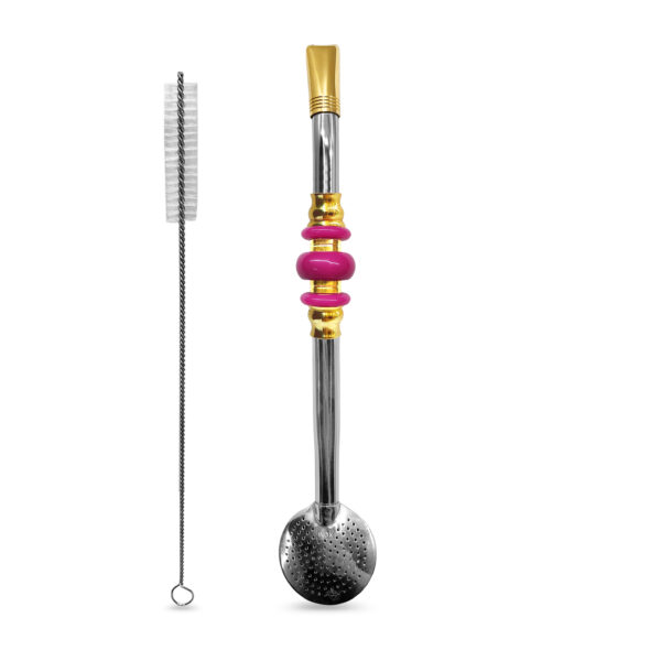 Bomba de Chimarrão Inox 23 cm Banhada em Ouro Com Pedra Acrílica 3 Anéis Separados Rosa e Bojo Com Rosca – REF 12256