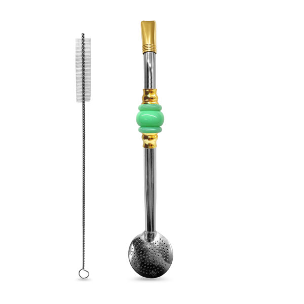 Bomba de Chimarrão Inox 23 cm Banhada em Ouro Com Pedra Acrílica 3 Anéis Juntos Verde e Bojo Com Rosca – REF 12256