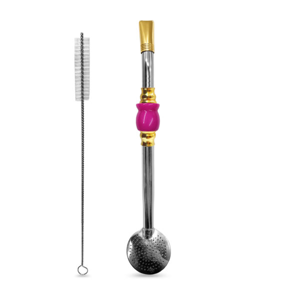 Bomba de Chimarrão Inox 23 cm Banhada em Ouro Com Pedra Acrílica Cuia Rosa e Bojo Com Rosca – REF 12256