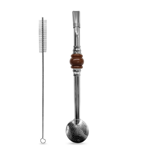 Bomba de Chimarrão Inox 23 cm Com Pedra Acrílica 3 Anéis Juntos Marrom e Bojo Com Rosca – REF 7923