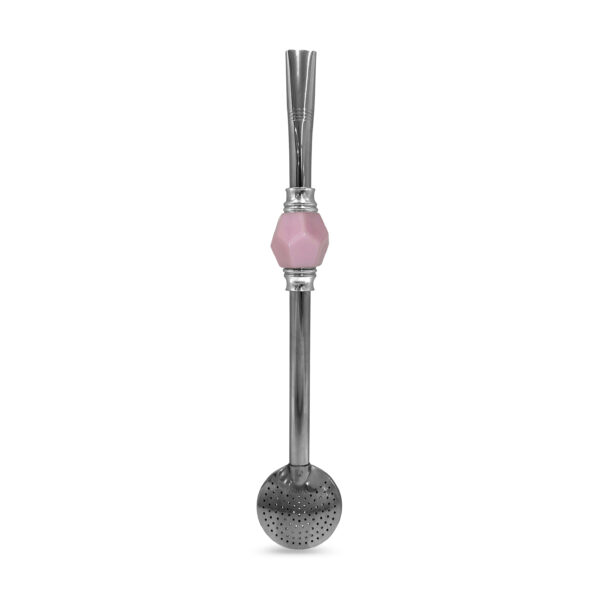 Bomba de Chimarrão Inox 23 cm Pedra Sextavada Rosa Com Anel Prateado e Bojo Fixo – REF 15174