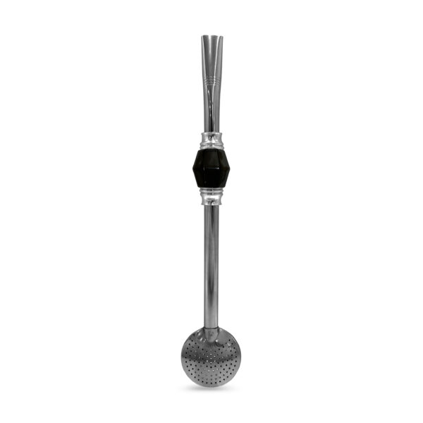 Bomba de Chimarrão Inox 23 cm Pedra Sextavada Preta Com Anel Prateado e Bojo Fixo – REF 15174