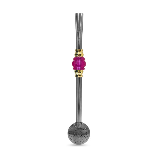 Bomba de Chimarrão Inox 23 cm Com 3 Anéis Juntos Acrílica Rosa Com Anel Dourado e Bojo Fixo – REF 4927